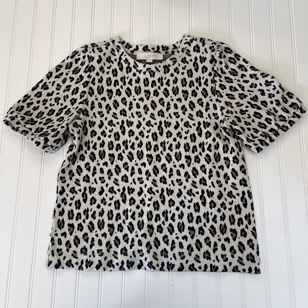 Loft Womens Leopard Print Short Sleeve Knit Top Gray Brown Animal Crew Small